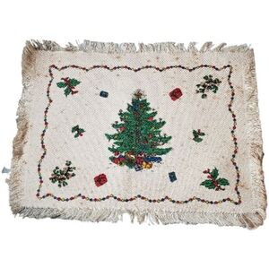 Holiday Christmas Tree Holly Gifts Retro Garland Aged Look Texture Fringe Mats 2